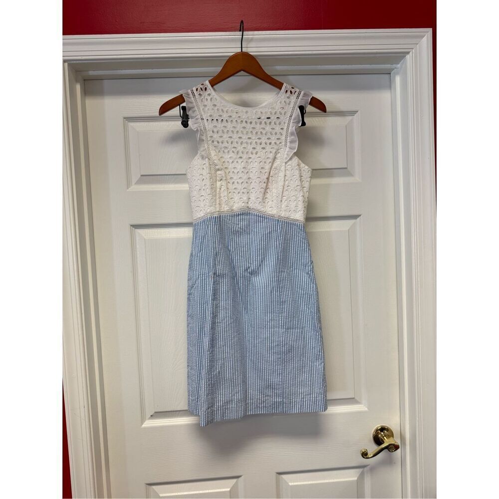 Lilly Pulitzer Maya Shift Dress in Coastal Blue Seersucker & White Eyelet Sz 0 N - Picture 4 of 11